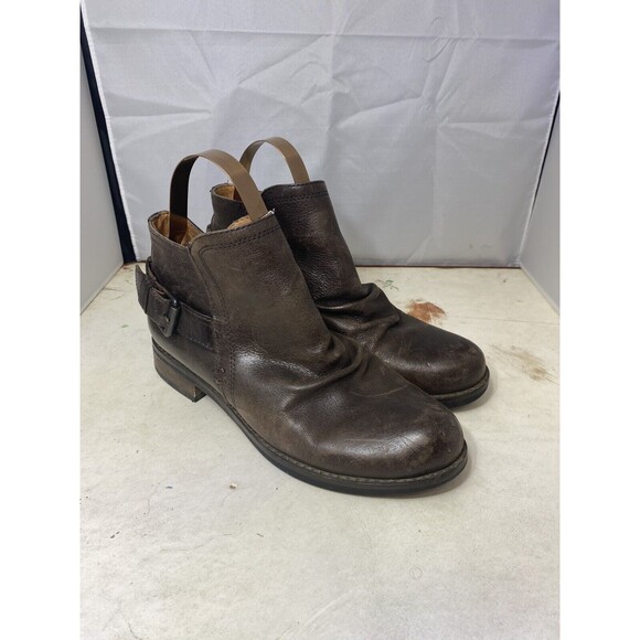 BUSSOLA Brown Leather Booties Sz 10.5 Boots Buckle Heel Slouch Cowboy Moto - Picture 1 of 11